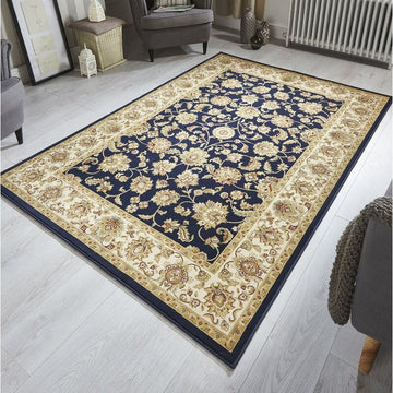 Kendra 3330 B Traditional Persian Classic Floral Vine Bordered Durable Easy-Care Low Profile Short Pile Navy/Beige/Sand Rug-Melrose-Rug Love - The Most Loved Rug Store